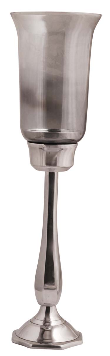 23” Aluminum Pillar Candleholder with Glass – Steel Finish – Handmade Antique-Look Décor / Gifts